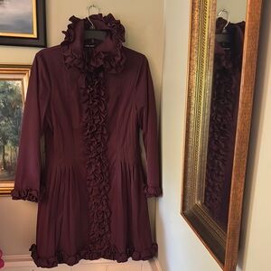 Samuel Dong Coat Jacket Elegant Ruffled Burgundy Dress Size L Large Merlot